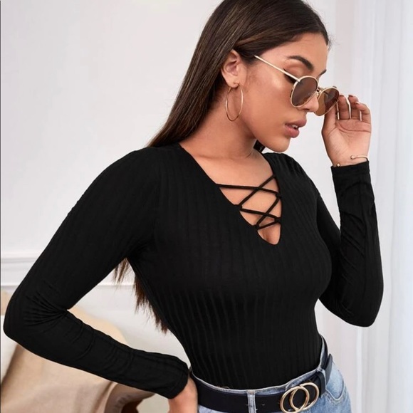 SHEIN Tops - SHEIN black cross tie lace up long sleeve shirt bodysuit